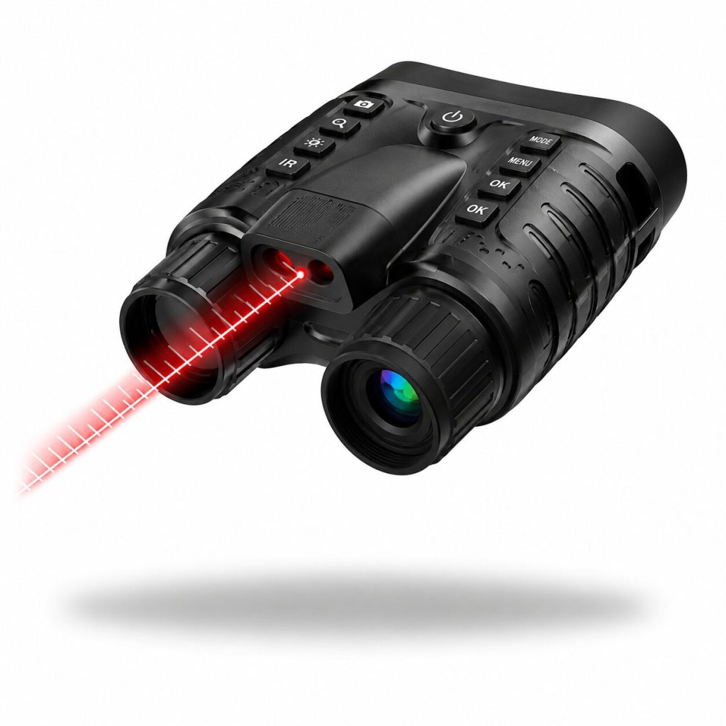4K night vision binoculars with laser rangefinder, infrared technology, ultra HD optics, tactical digital zoom, and precision long-range targeting for hunting, wildlife observation, and nighttime surveillance.